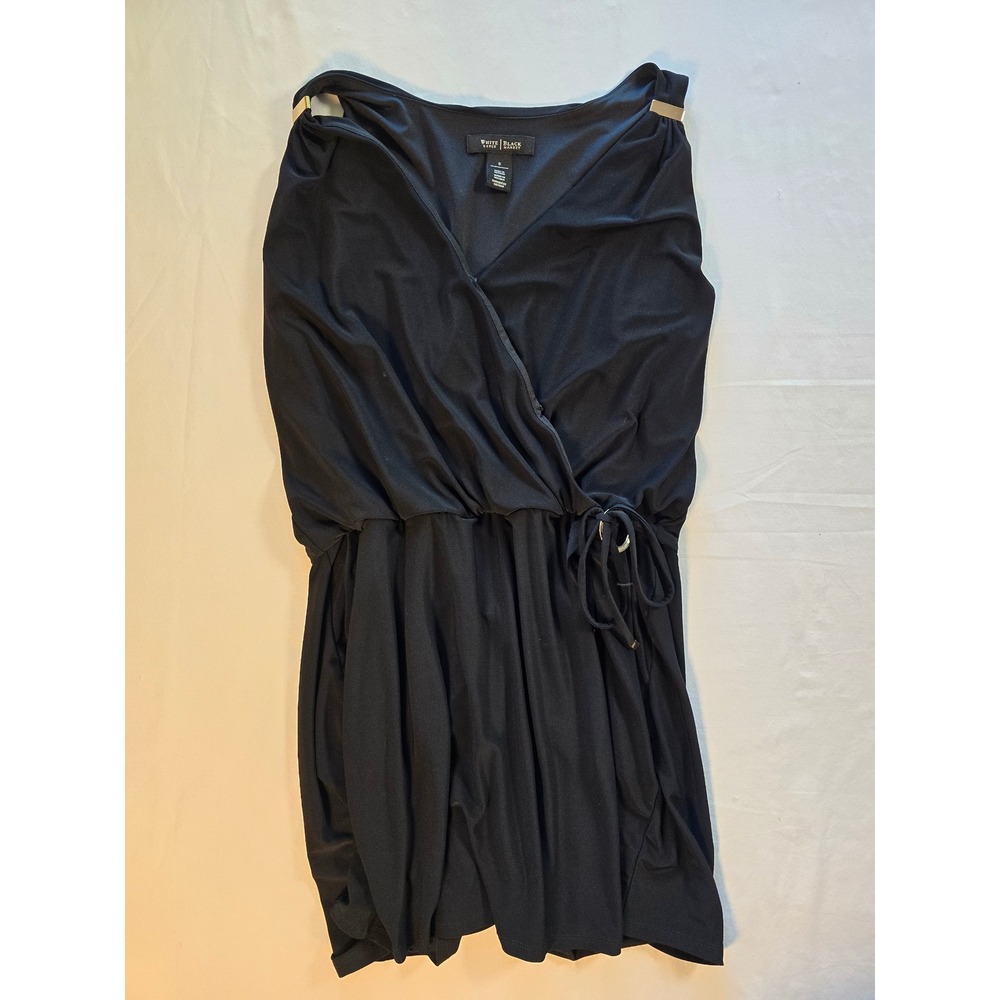 White House Black Market Black Matte Jersey Faux Wrap Dress Gold Accents Size 8